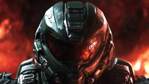 Armored exosuit helmet rendered with high-specular PBR shading under lava backlight