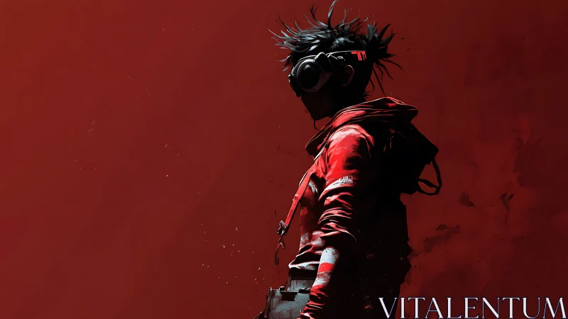 Solitary urban scout in crimson hooded gear.