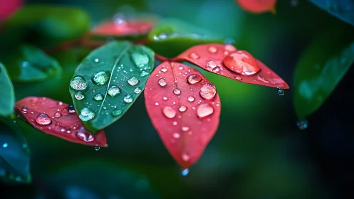 Dewlit red and green leaves in vivid macro stillness.