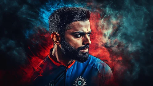 Dynamic digital portrait of a focused cricket player in smoke