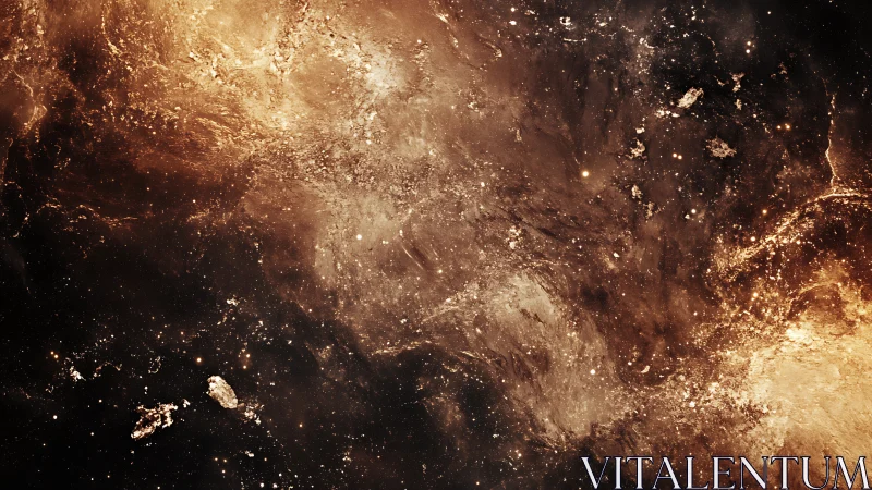 Cosmic dust rivers swirl through amber-lit interstellar night