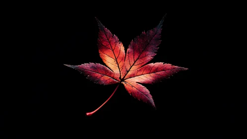 Macro optical study of red maple leaf under high contrast lighting.