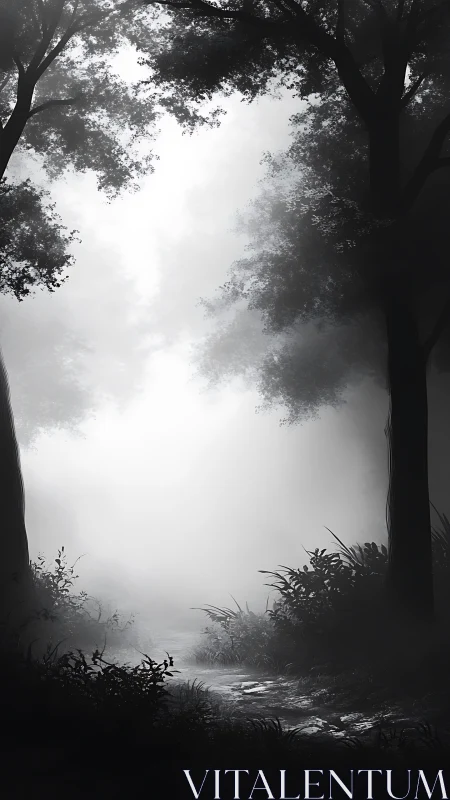 Misty Forest Stream Path Through Dense Woodland Fog