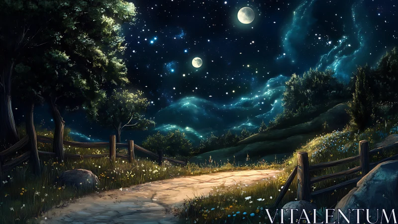 Dual-moon nocturnal landscape with luminous starfield skyscape.