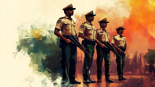 Four uniformed armed officers stand in stylized formation