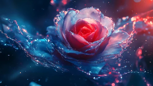 Luminous rose embedded in crystalline fluid dynamics matrix.