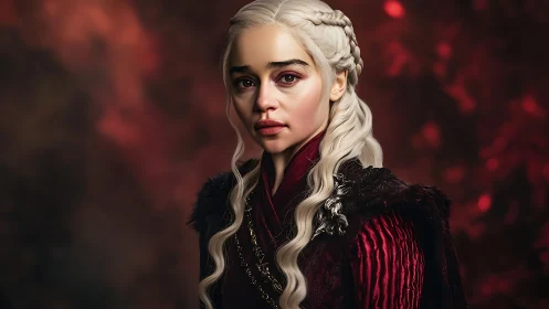 Digital portrait of silver‑haired fantasy queen under red bokeh.