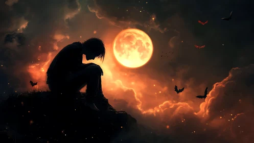 Silhouetted figure sits before luminous full moon in clouds