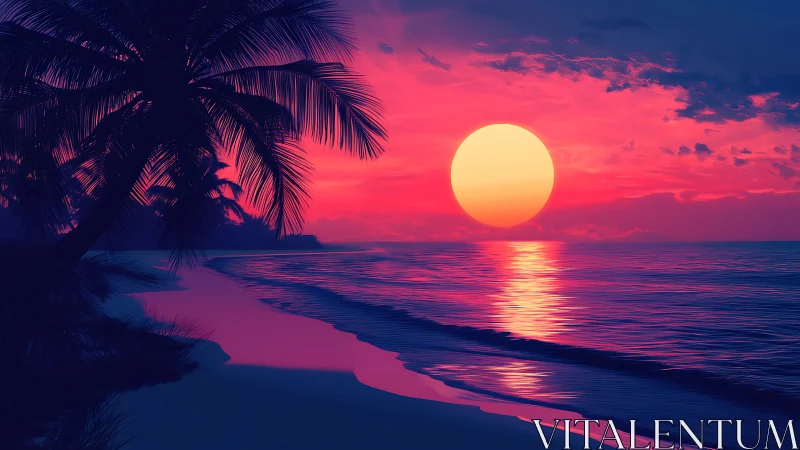 Chromatic tropical shoreline under hyper-saturated neon sunset.