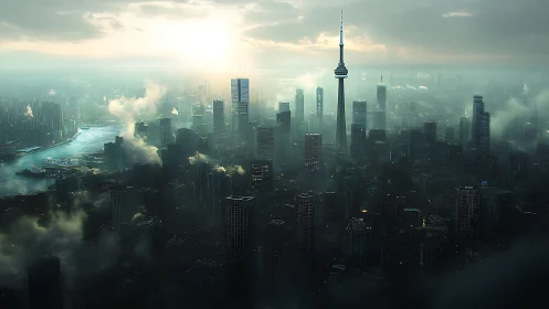 Dense high-rise skyline with central communication tower at dusk.