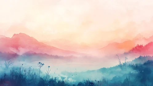 Atmospheric sunrise over misty mountains in soft gradients