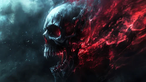 Translucent skull form with red energy dispersion field.