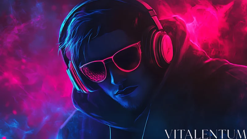 Hooded gamer wearing headphones and neon sunglasses