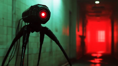 Spider-legged sentry studies a neon corridor of red dread
