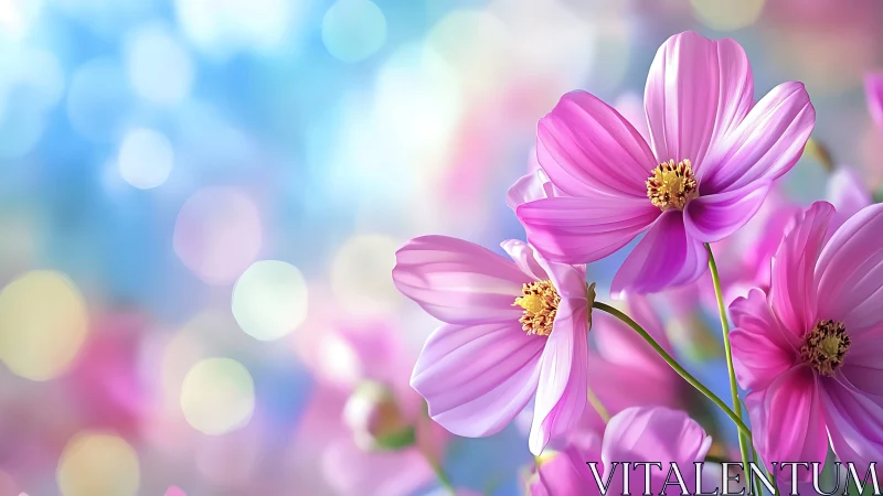 Pink cosmos flowers against blurred background with bokeh.