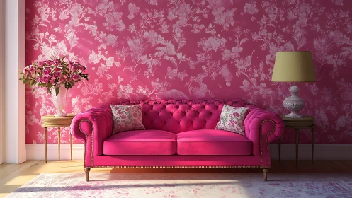 Velvet pink sofa stages a bold floral symphony in sunlight