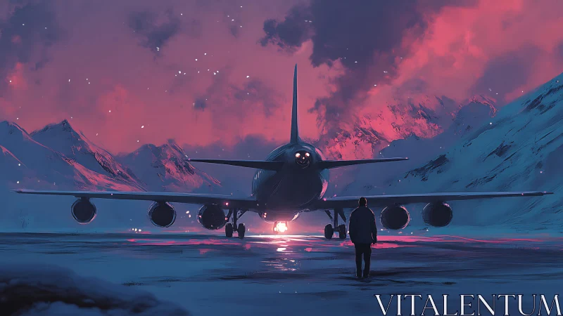 Jetliner faces snow runway under neon dusk sky glow.