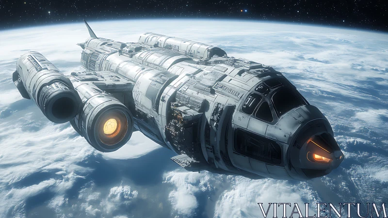 Futuristic orbital spacecraft rendered with high-detail hull modeling