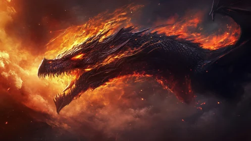 Inferno-crowned dragon roars through stormlit emberscape.