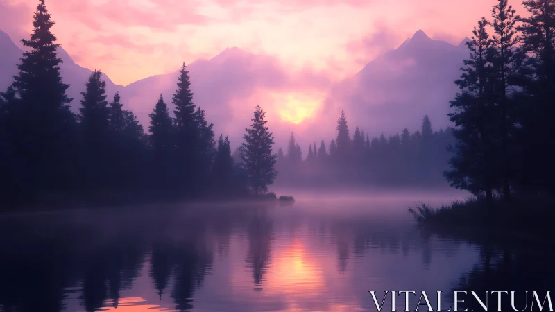 Soft dawn light pours over misty pines and a tranquil lake