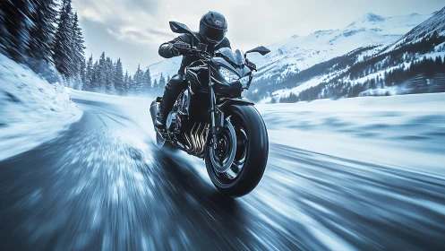 Motorcycle slices through icy alpine highway at speed.