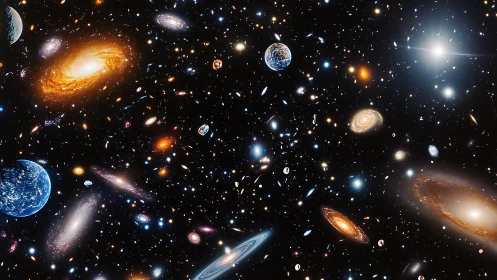 Expansive multiverse sky with luminous galaxies and planets.