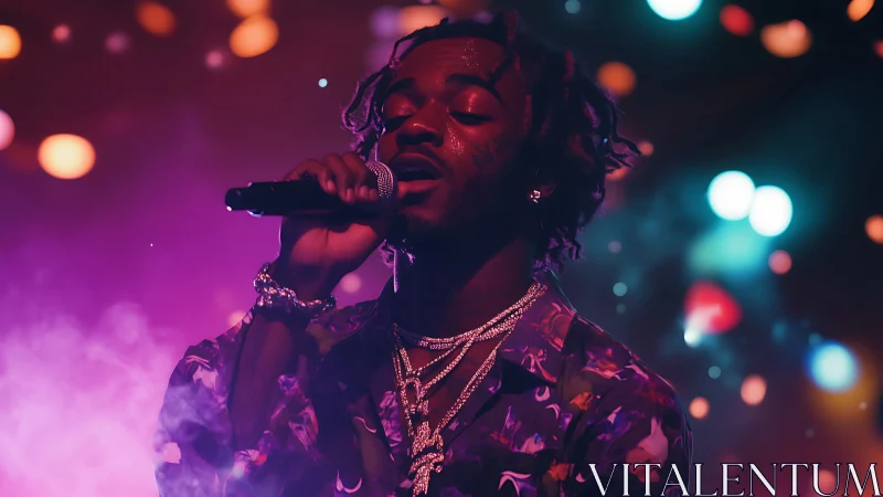 Photorealistic neon concert portrait with bokeh stage lighting.