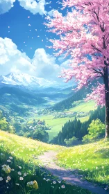 Spring-kissed valley trail beneath drifting cherry petals.