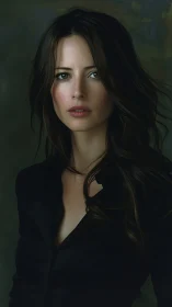 Digital portrait of woman in dark shirt against muted backdrop.