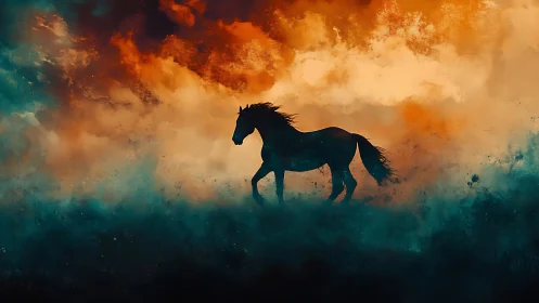Silhouette of running horse against dramatic fiery sky.