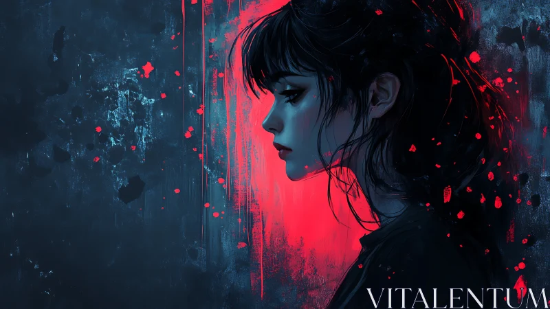 Solitary profile girl framed by neon red abstract glow.