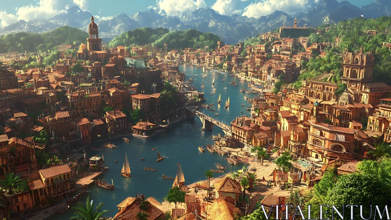 Riverside fantasy city extends along a wide, busy waterway