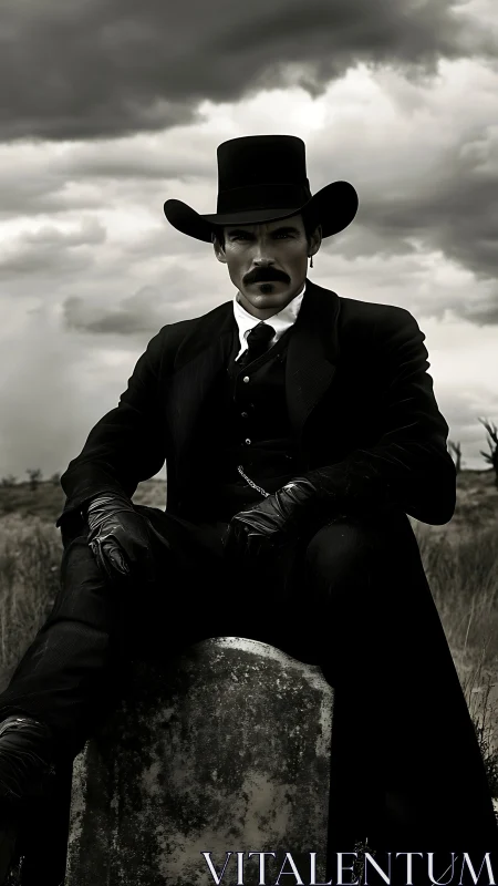 Man in black Western suit sits on weathered gravestone