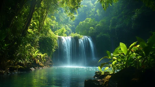 Lush jungle waterfall pours into a tranquil turquoise lagoon.
