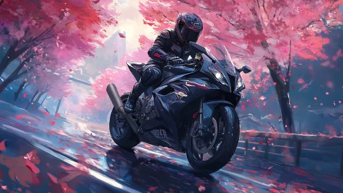 Motorcyclist riding through dreamy pink blossom roadway.