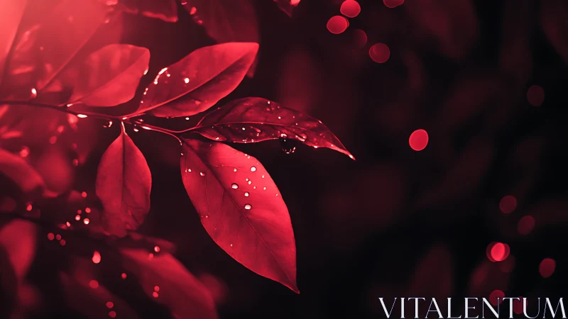 Macro botanical study of crimson leaves with specular droplets.