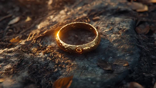 Photorealistic golden ring on weathered stone ground plane.