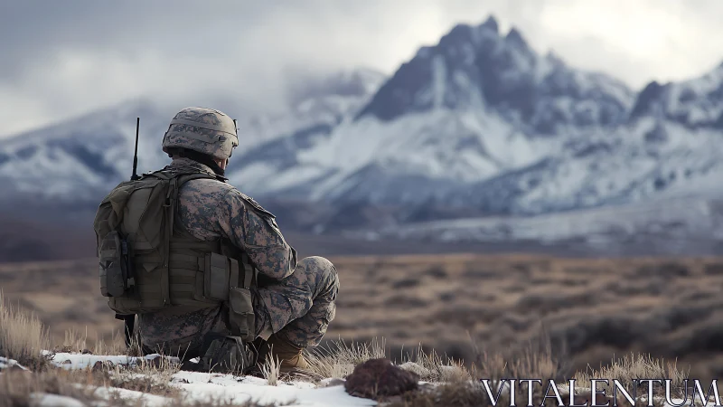 Solitary modern infantryman surveying snow-laced mountain range