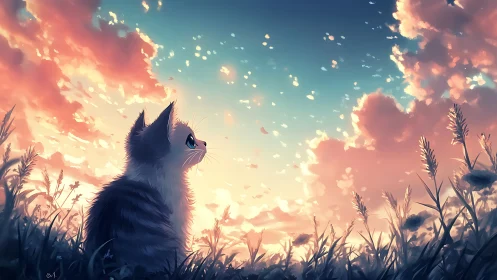 Felid figure in transitioned landscape beneath atmospheric sky transition