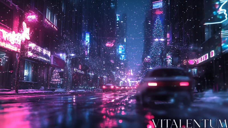 Neon city street glows through a gentle winter snowfall at night
