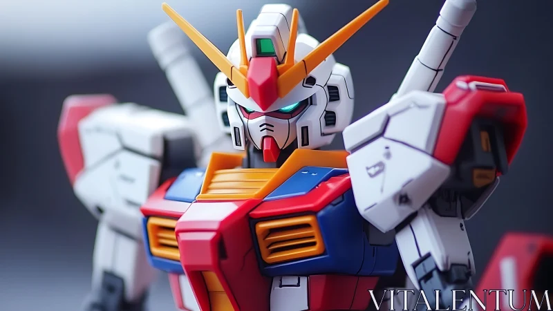 Plastic mecha model with red, white and blue armor details.