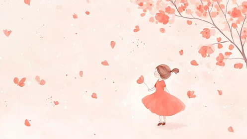 Digital Illustration: Child Figure in Coral Dress Amid Falling Floral Petals