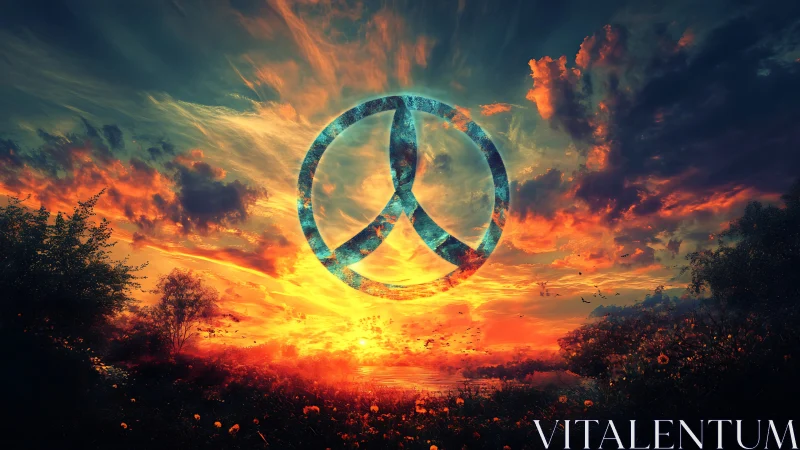 Glowing peace symbol rises over a surreal fiery sunset sky