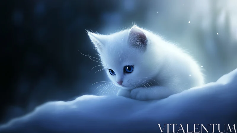 White feline with cerulean ocular regions positioned on crystalline snow substrate