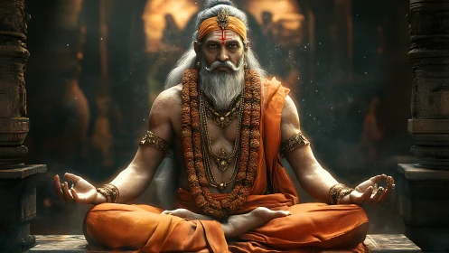 Meditating sage sits in golden temple light, radiating power.