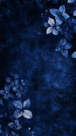 Deep blue floral background with scattered blossoms.