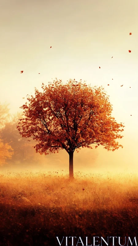 Isolated autumn tree in atmospheric backlit meadow fog.