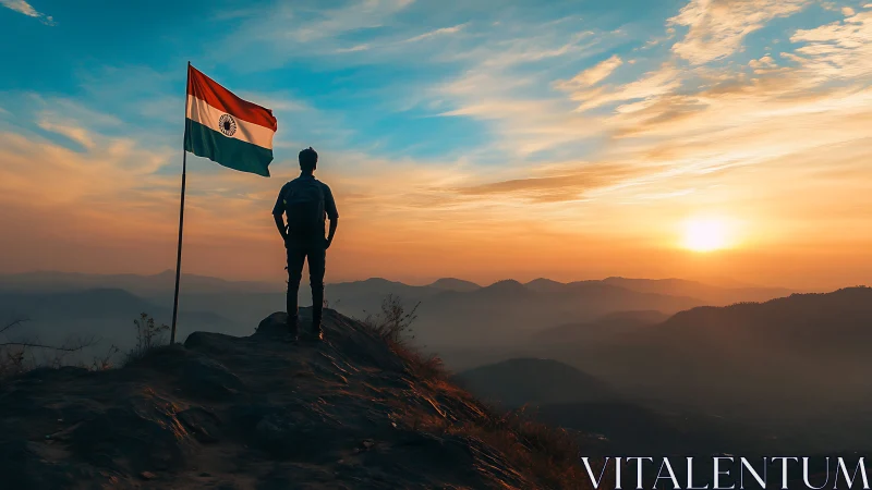 Silhouette on mountain ridge beside Indian flag at sunrise.