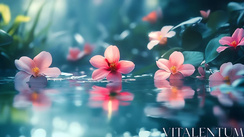 Pink flowers floating on water surface with reflective effect.