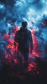 Silhouetted figure dissolved in electric blue and crimson fire.